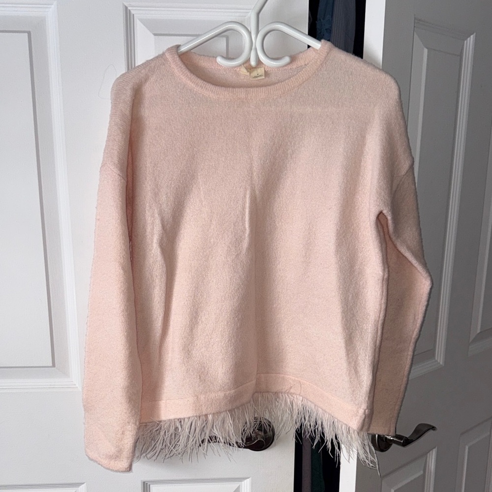 Anthropologie Pink Sweater with Feathers